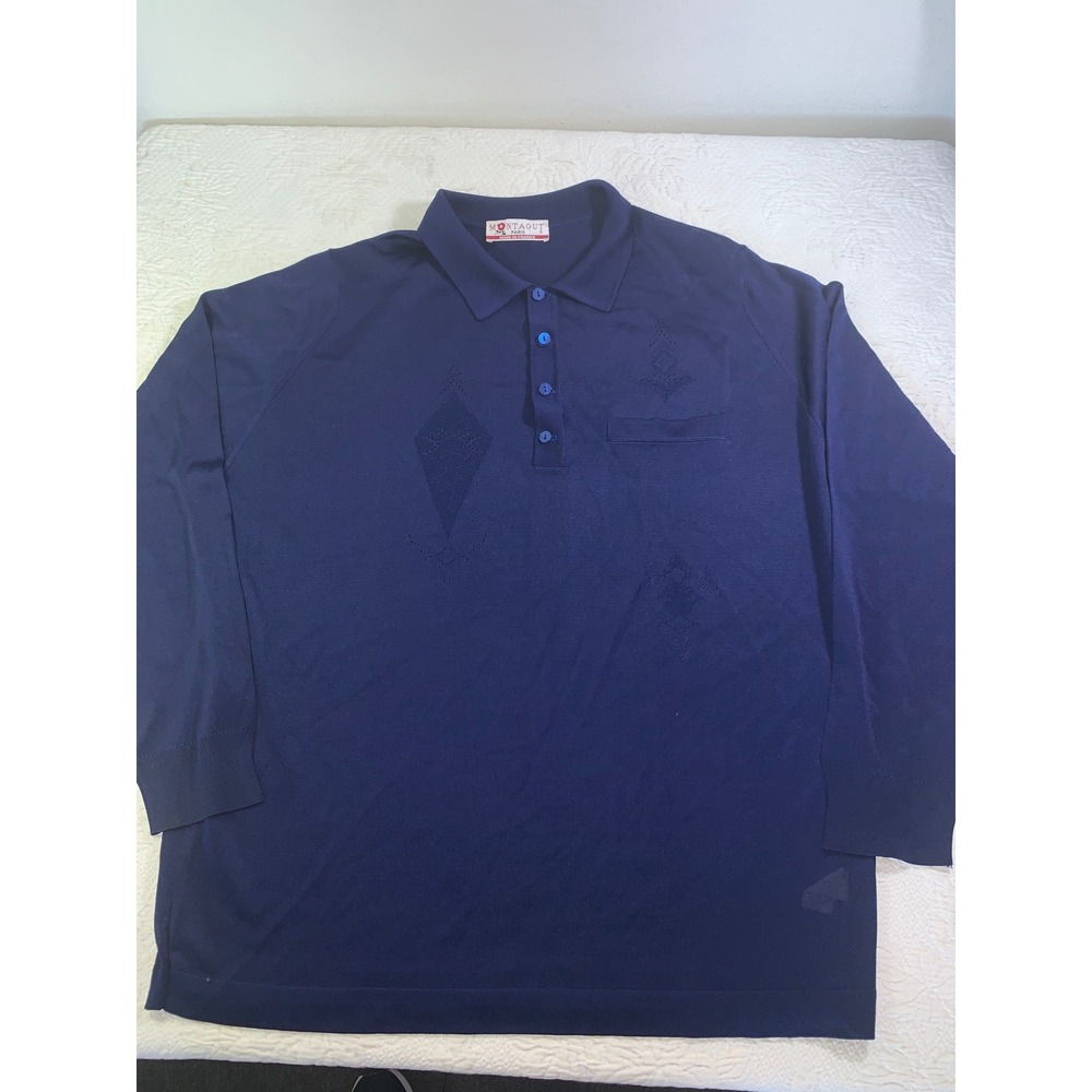 Montagut Paris Mens Navy Blue Long Sleeve Polo Shirt Geometric Knit France Sz‎ 6